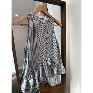Parker NY Women's Sleeveless Top Ruffle Hem Geometric Print Silk Blouse Size S